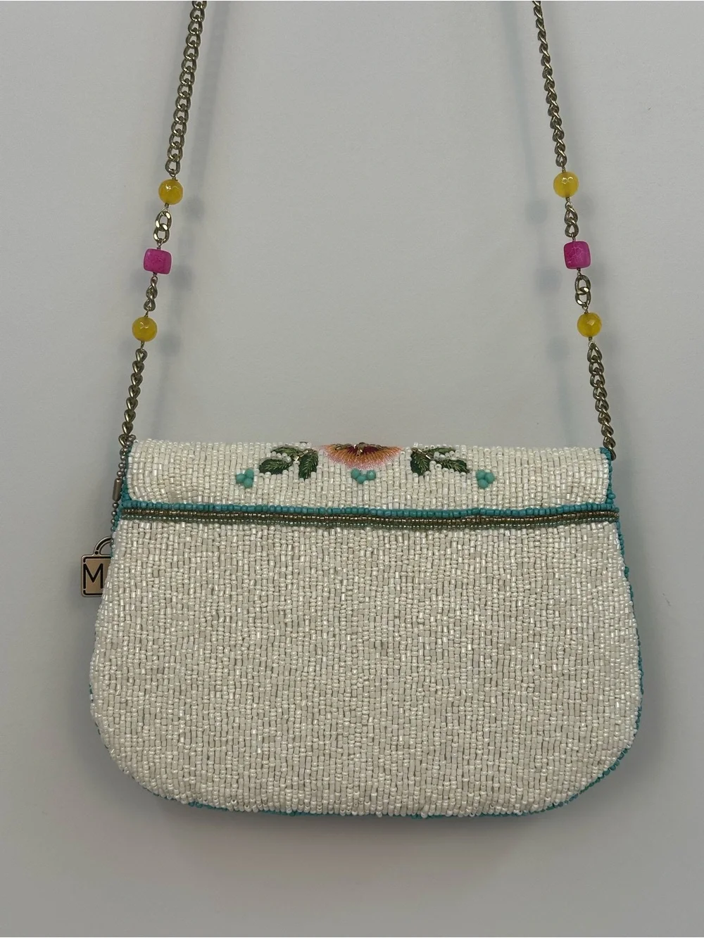Mary Frances Beaded Butterfly Floral Clutch in Cream, Pink, Teal and Gold
